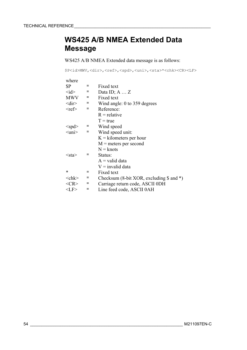 Ws425 a/b nmea extended data message | Vaisala WMT700 User Manual | Page 56 / 80