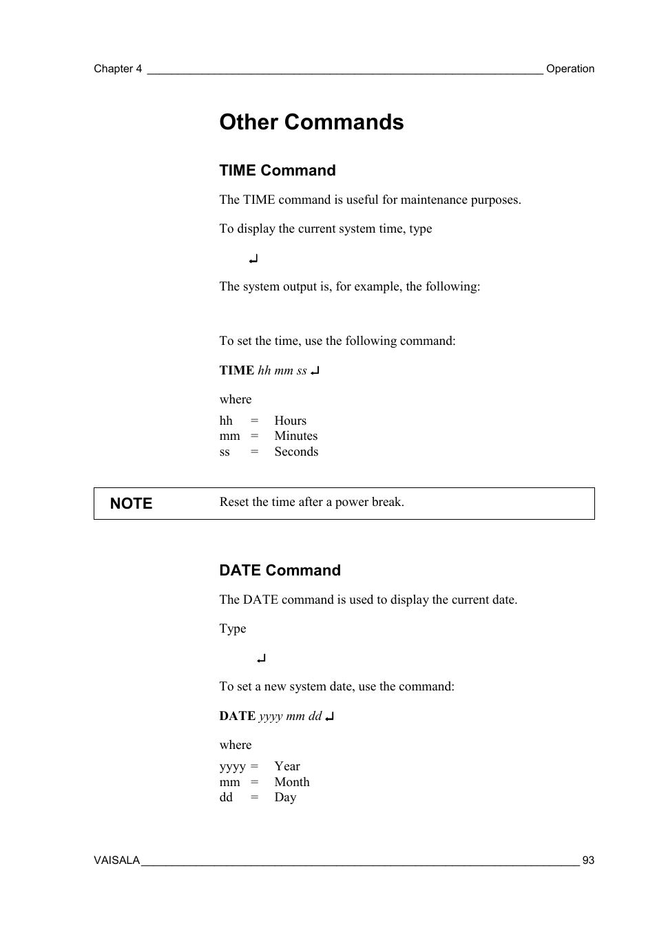 Other commands, Time command, Date command | Time command date command | Vaisala FD12P User Manual | Page 93 / 154
