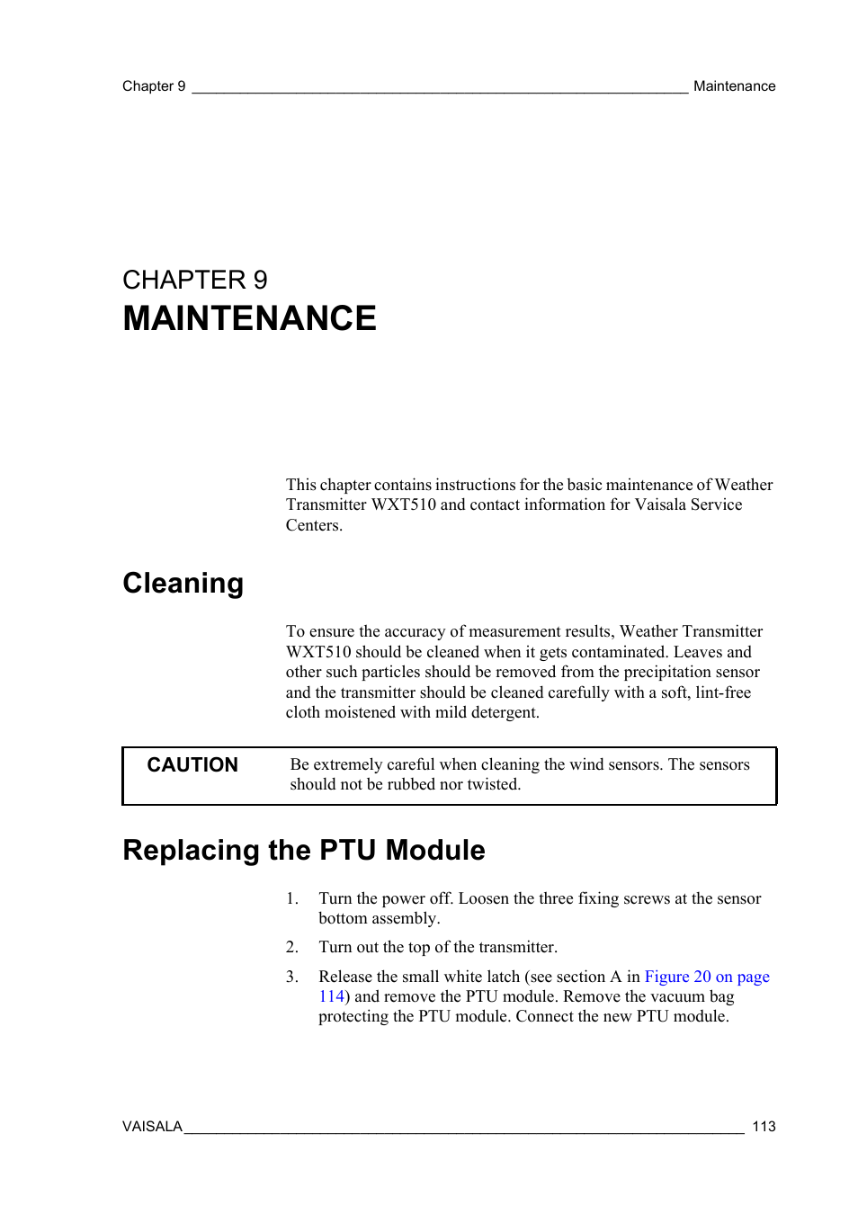 Chapter 9 maintenance, Cleaning, Replacing the ptu module | Maintenance, Chapter 9 | Vaisala WXT510 User Manual | Page 115 / 152