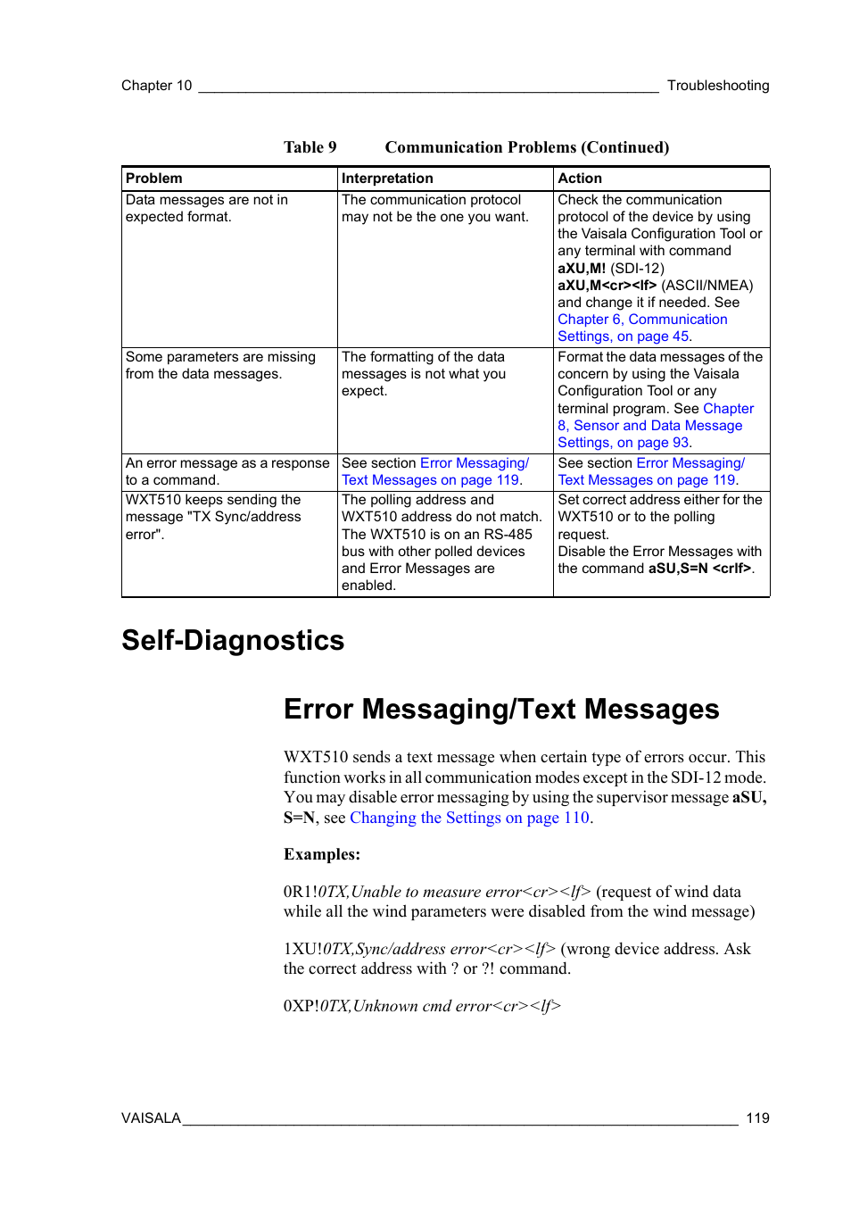 Self-diagnostics, Error messaging/text messages, Self-diagnostics error messaging/text messages | Vaisala WXT510 User Manual | Page 121 / 152