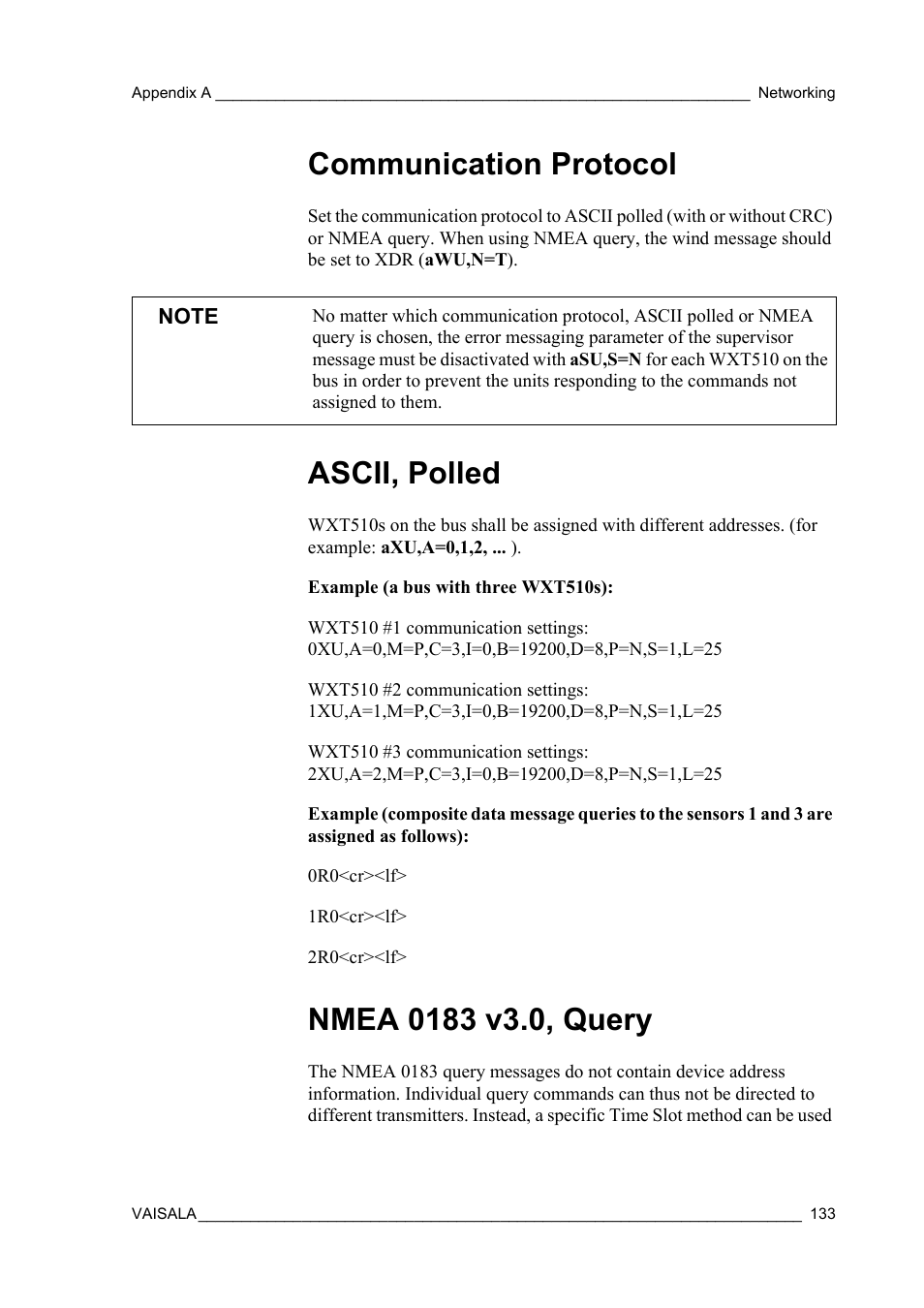 Communication protocol, Ascii, polled, Nmea 0183 v3.0, query | Vaisala WXT510 User Manual | Page 135 / 152