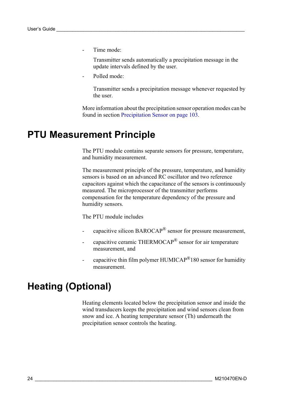 Ptu measurement principle, Heating (optional) | Vaisala WXT510 User Manual | Page 26 / 152