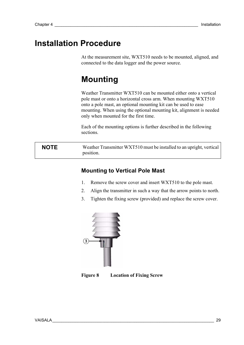 Installation procedure, Mounting, Mounting to vertical pole mast | Vaisala WXT510 User Manual | Page 31 / 152