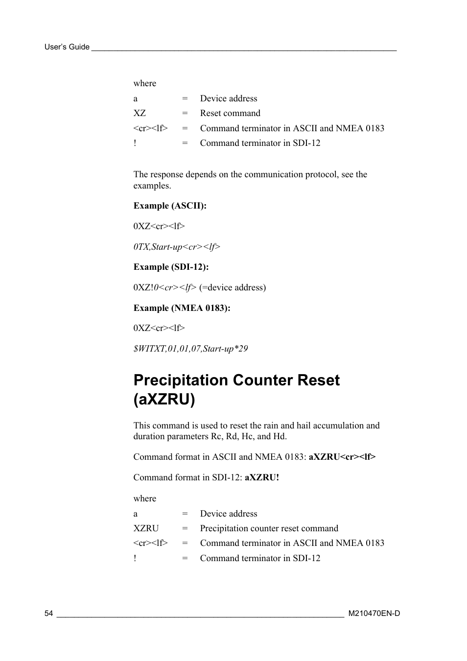 Precipitation counter reset (axzru) | Vaisala WXT510 User Manual | Page 56 / 152
