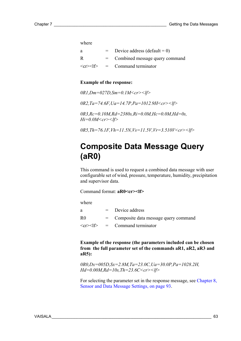 Composite data message query (ar0) | Vaisala WXT510 User Manual | Page 65 / 152
