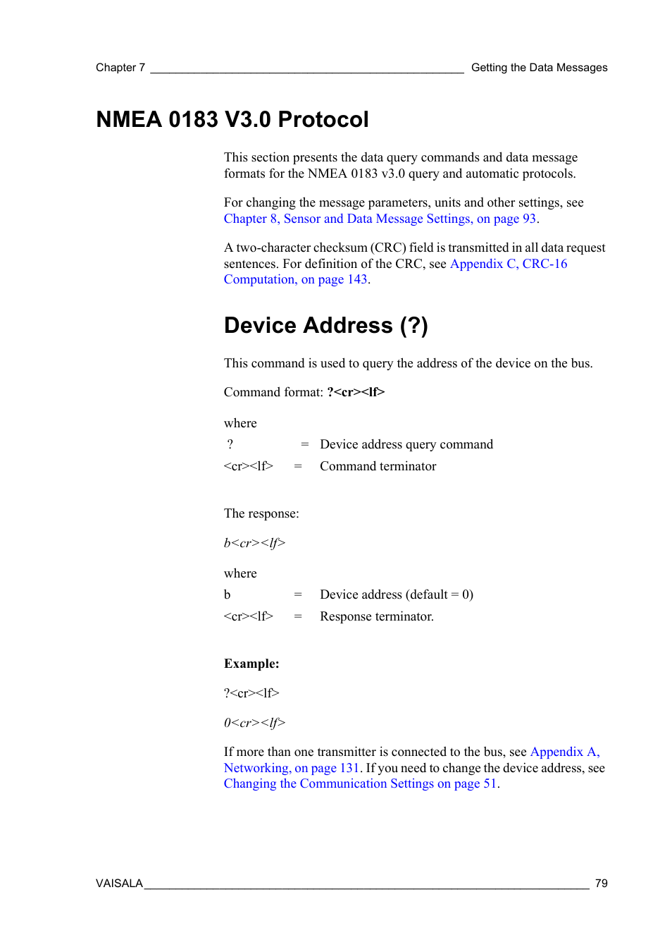 Nmea 0183 v3.0 protocol, Device address (?) | Vaisala WXT510 User Manual | Page 81 / 152