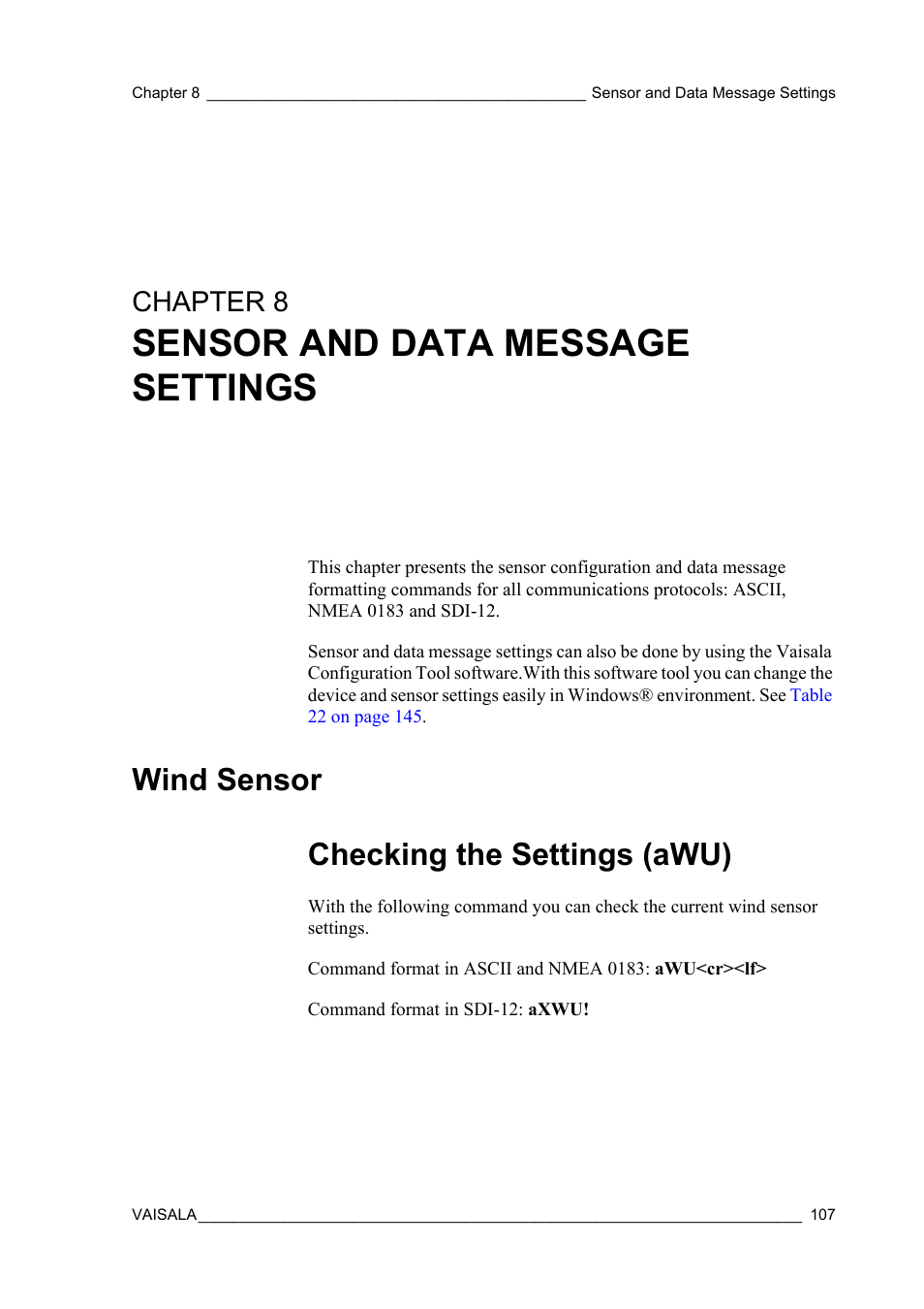 Chapter 8 sensor and data message settings, Wind sensor, Checking the settings (awu) | Chapter 8, Chapter 8, sensor and data message settings, on, Rable update interval, see, Chapter 8, sensor, The data is outputted on, In the response message, see, Parameters, see | Vaisala WXT520 User Manual | Page 109 / 171