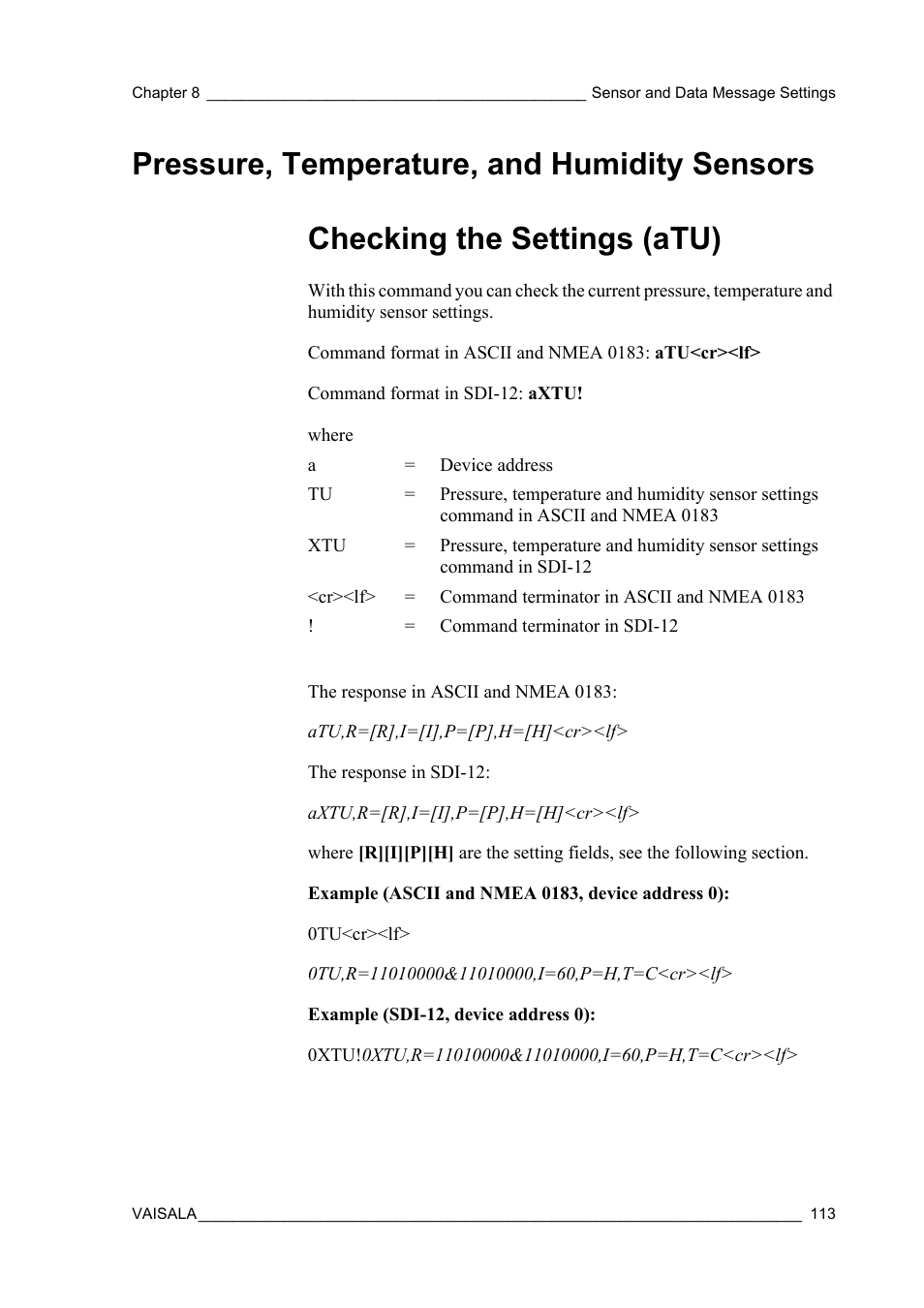 Pressure, temperature, and humidity sensors, Checking the settings (atu), Pressure, temperature, and | Vaisala WXT520 User Manual | Page 115 / 171