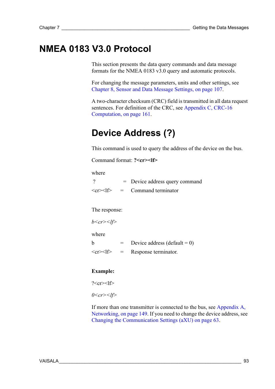 Nmea 0183 v3.0 protocol, Device address (?) | Vaisala WXT520 User Manual | Page 95 / 171