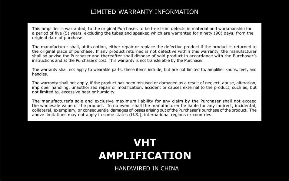 Vht amplification, Limited warranty information | VHT Special 12/20 RT Head User Manual | Page 11 / 11