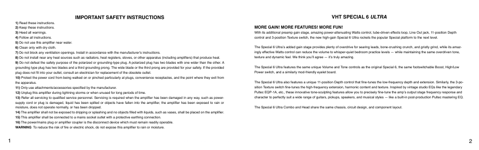 Important safety instructions, Vht special 6 ultra | VHT Special 6 Ultra Head User Manual | Page 3 / 11