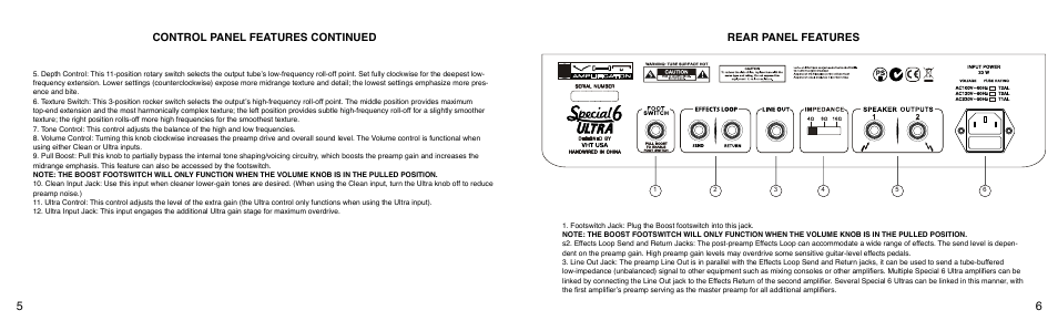 Control panel features continued, Rear panel features | VHT Special 6 Ultra Head User Manual | Page 5 / 11