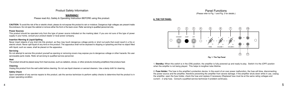 Panel functions, Product safety information, Warning | VHT The Standard 12 User Manual | Page 3 / 7