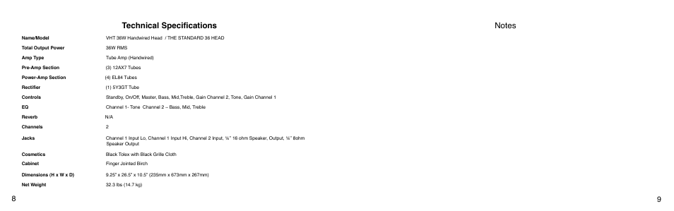 Technical specifications | VHT The Standard 36 Head User Manual | Page 5 / 7