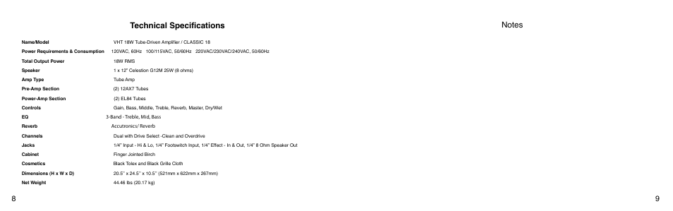 Technical specifications | VHT The Classic 18 User Manual | Page 5 / 7