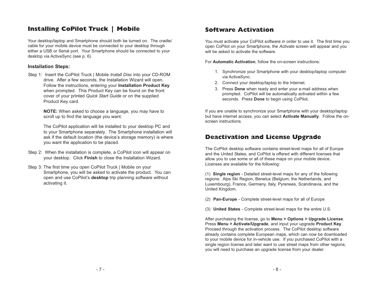 Software activation, Deactivation and license upgrade, Installing copilot truck | mobile | ALK Technologies CoPilot Truck User Manual | Page 6 / 43