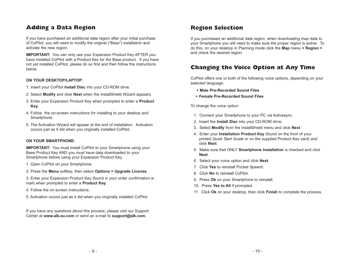 Region selection, Changing the voice option at any time, Adding a data region | ALK Technologies CoPilot Truck User Manual | Page 7 / 43