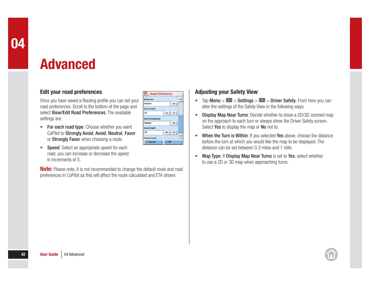 Adjusting your, Safety view, Advanced | ALK Technologies COPILOT LIVE 7 User Manual | Page 42 / 56
