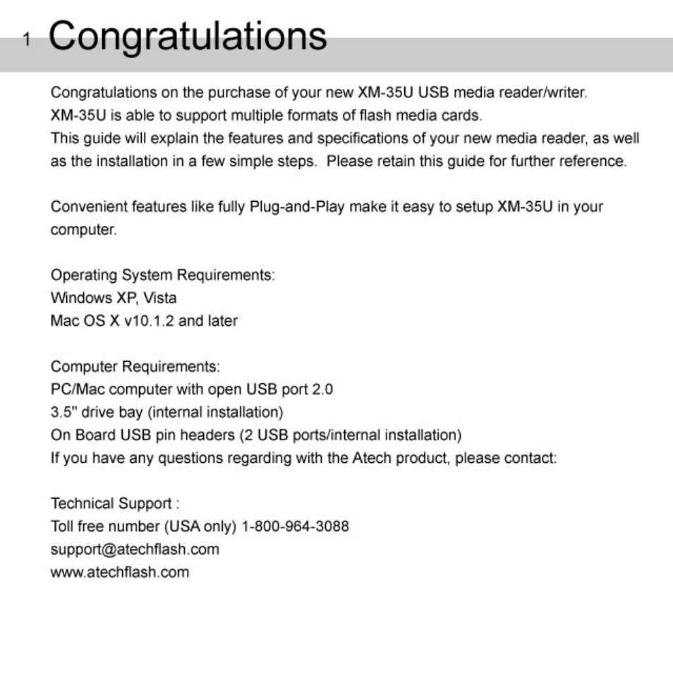 Congratulations | Atech Flash Technology XM-35U User Manual | Page 2 / 10