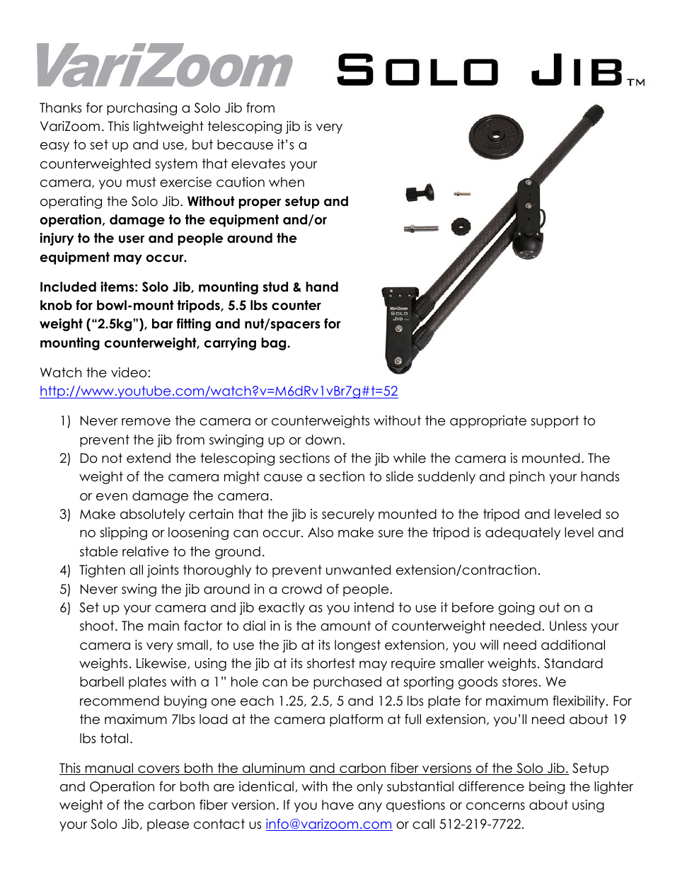 VariZoom SOLO JIB CF KIT User Manual | 7 pages