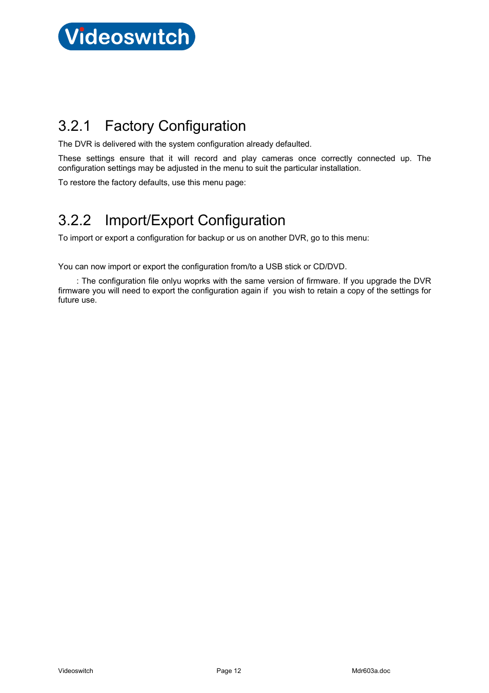 2 default configuration, 1 factory configuration, 2 import/export configuration | Videoswitch Vi-R3000 Series User Manual | Page 17 / 48