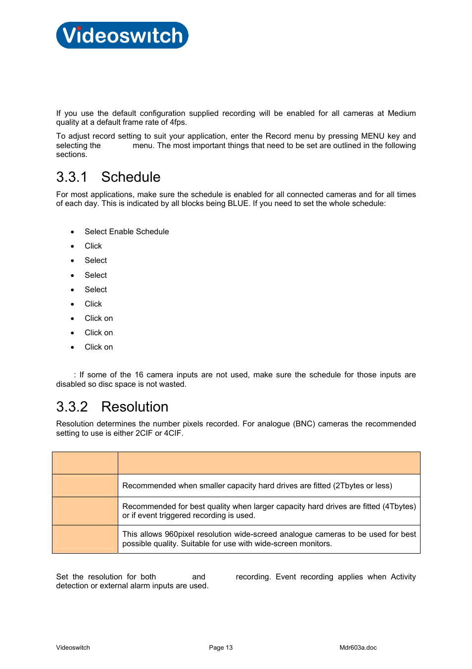 3 record settings, 1 schedule, 2 resolution | Vi-r4000 series | Videoswitch Vi-R3000 Series User Manual | Page 18 / 48