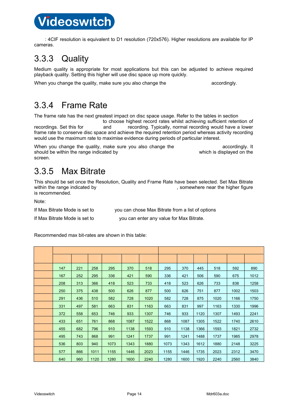 3 quality, 4 frame rate, 5 max bitrate | Vi-r4000 series | Videoswitch Vi-R3000 Series User Manual | Page 19 / 48