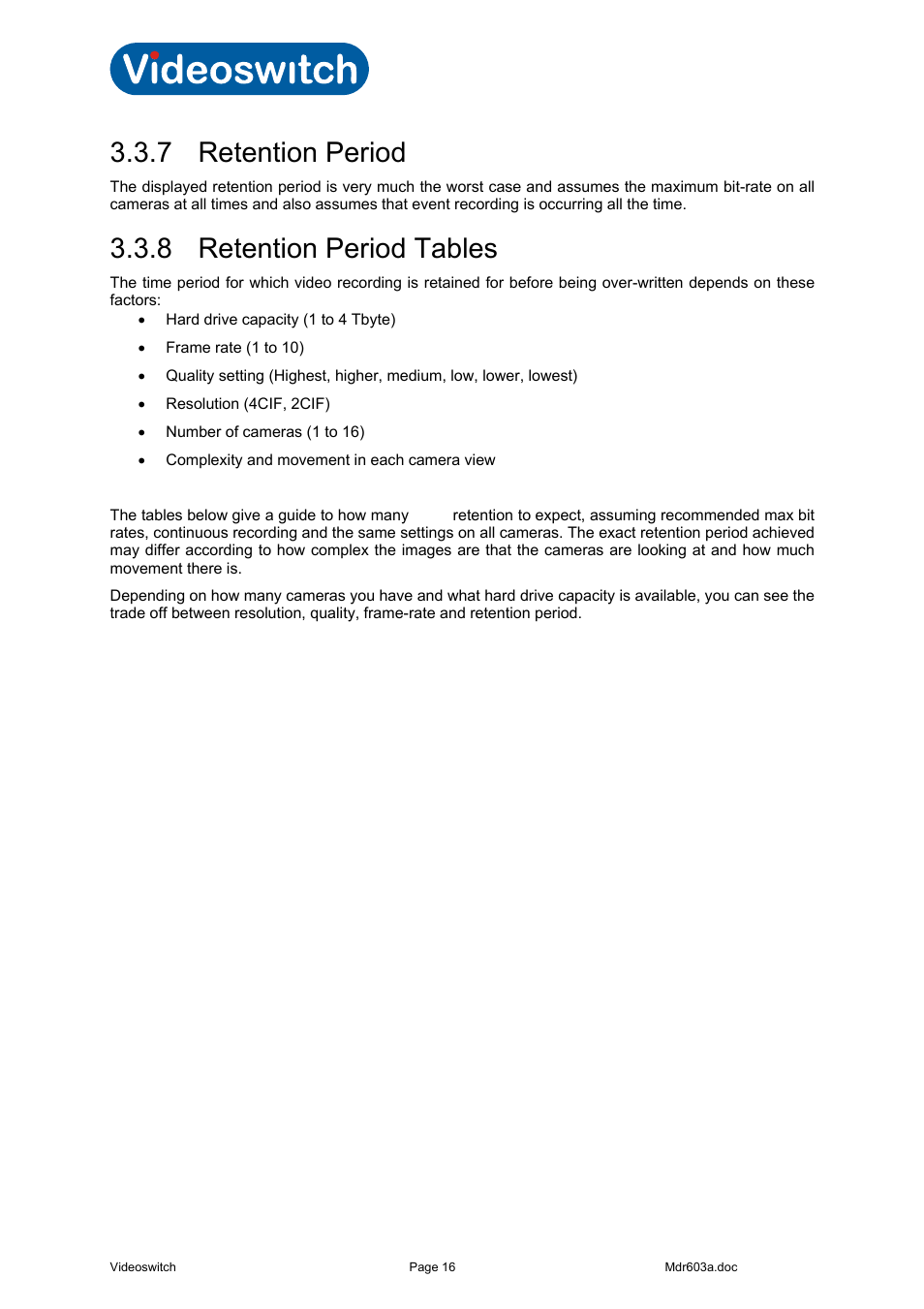 7 retention period, 8 retention period tables | Videoswitch Vi-R3000 Series User Manual | Page 21 / 48