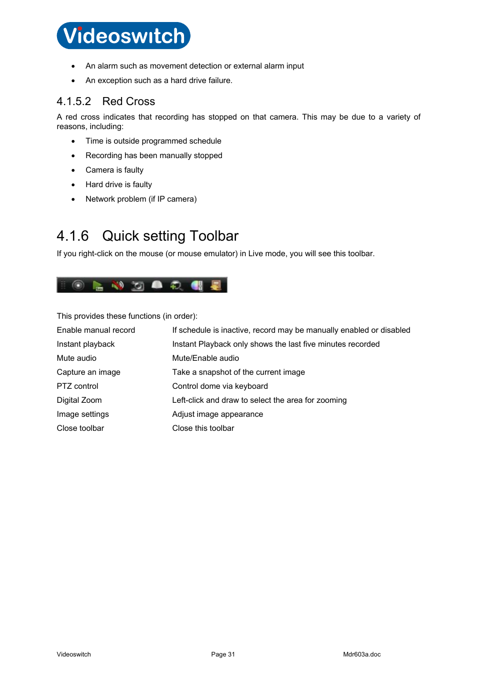 2 red cross, 6 quick setting toolbar, Vi-r4000 series | Videoswitch Vi-R3000 Series User Manual | Page 36 / 48