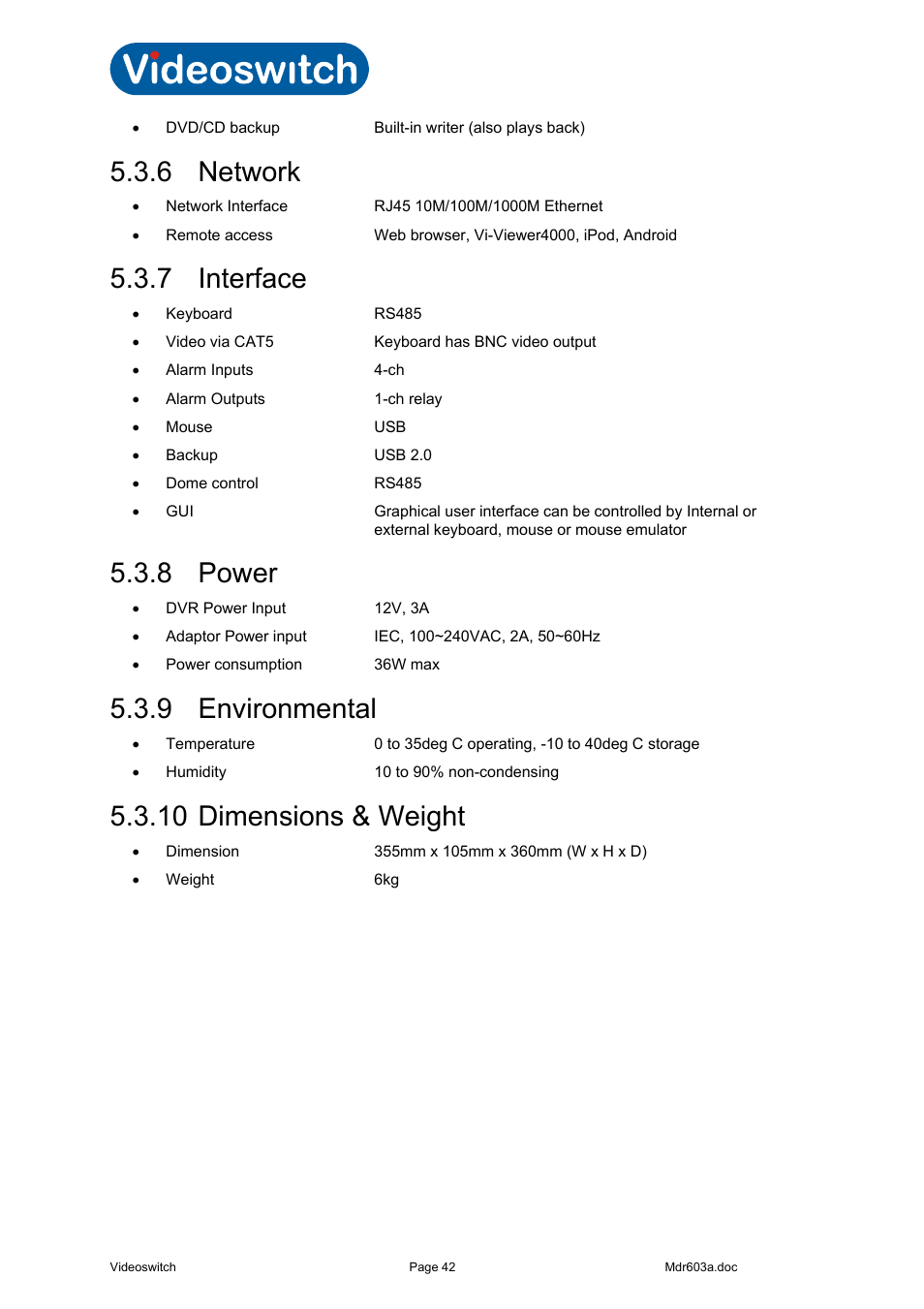 6 network, 7 interface, 8 power | 9 environmental, 10 dimensions & weight, Vi-r4000 series | Videoswitch Vi-R3000 Series User Manual | Page 47 / 48