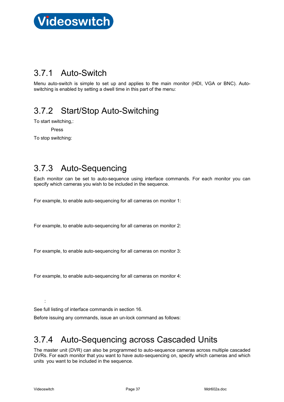 7 auto-sequencing, 1 auto-switch, 2 start/stop auto-switching | 3 auto-sequencing, 4 auto-sequencing across cascaded units, Vi-r4000 series | Videoswitch Vi-R4000 Series User Manual | Page 43 / 67