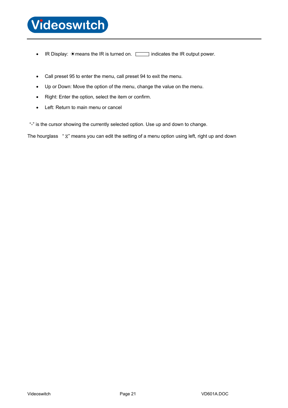 Menu mode, Vi-d5000 ir dome | Videoswitch CMOR Vi-D5000 Dome User Manual | Page 26 / 39