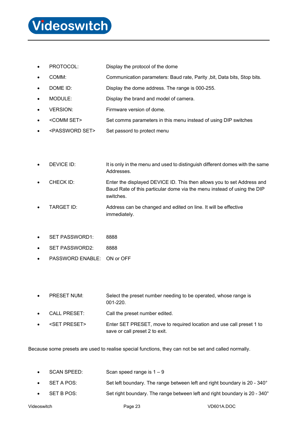 System, Comm set, Password set | Dome, Preset, Scan, Vi-d5000 ir dome | Videoswitch CMOR Vi-D5000 Dome User Manual | Page 28 / 39