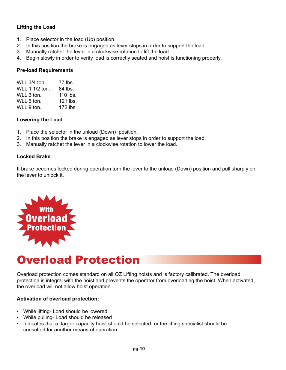Overload protection | OZ Lifting Products Premium Lever Hoist OM User Manual | Page 10 / 20