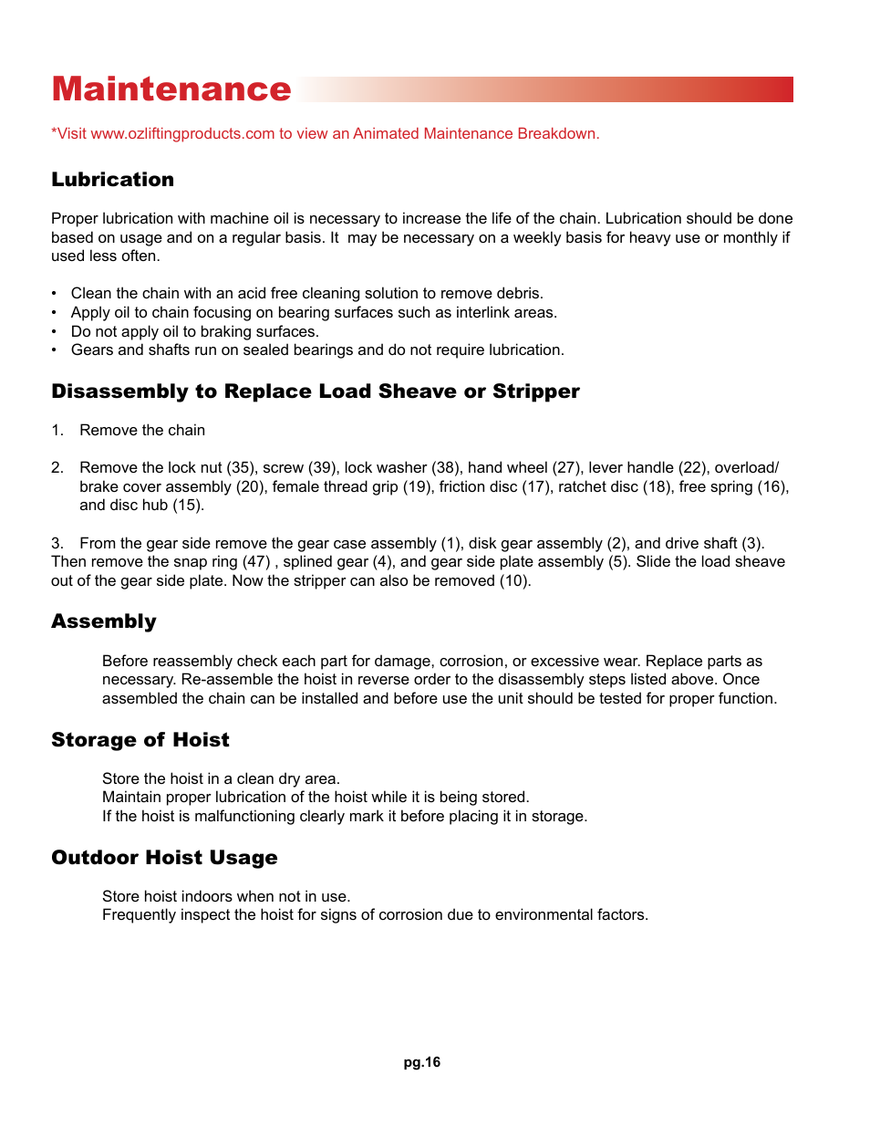 Maintenance | OZ Lifting Products Premium Lever Hoist OM User Manual | Page 16 / 20