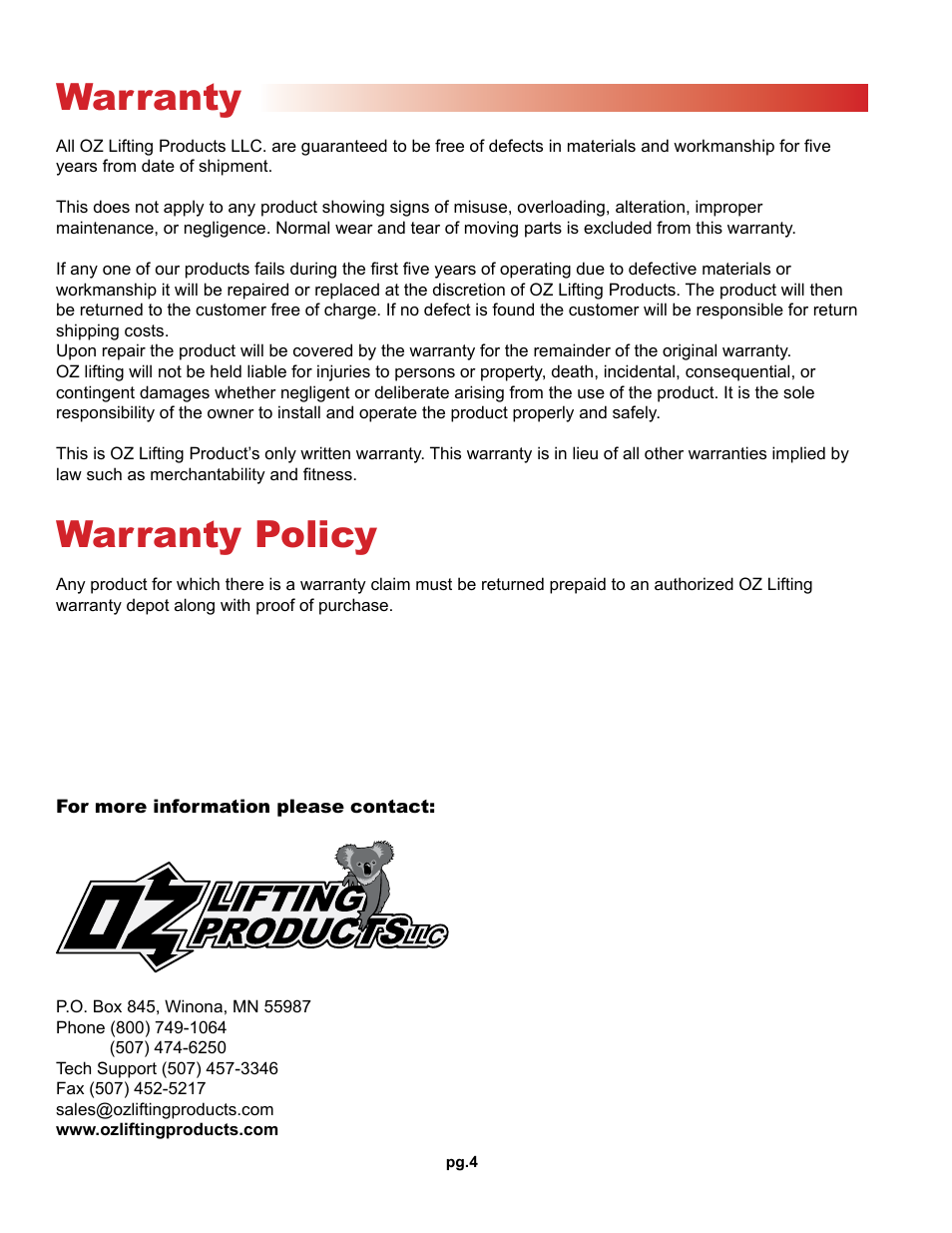 Warranty, Warranty policy | OZ Lifting Products Premium Lever Hoist OM User Manual | Page 4 / 20