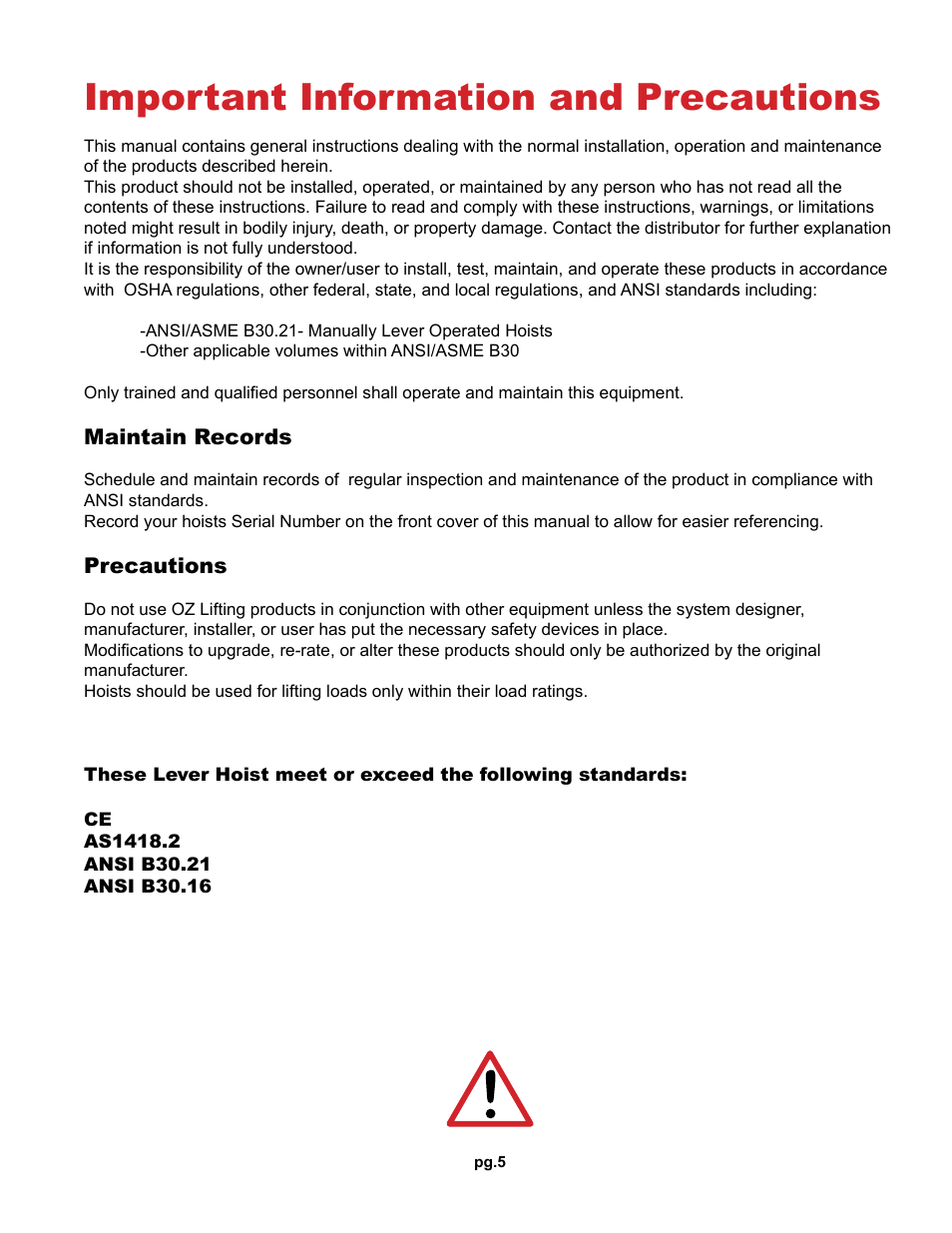 Important information and precautions | OZ Lifting Products Premium Lever Hoist OM User Manual | Page 5 / 20
