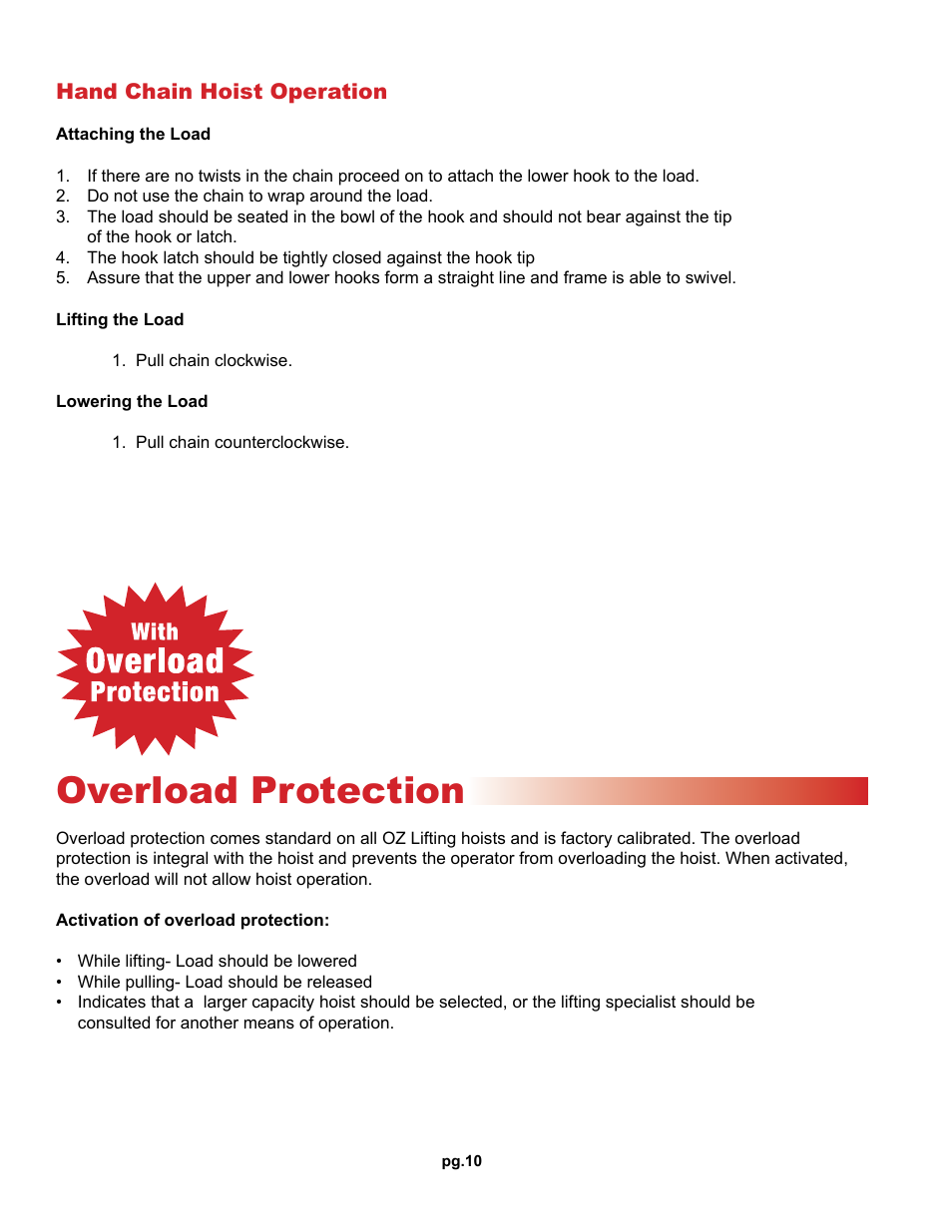 Overload protection | OZ Lifting Products Premium Chain Hoist OM User Manual | Page 10 / 20