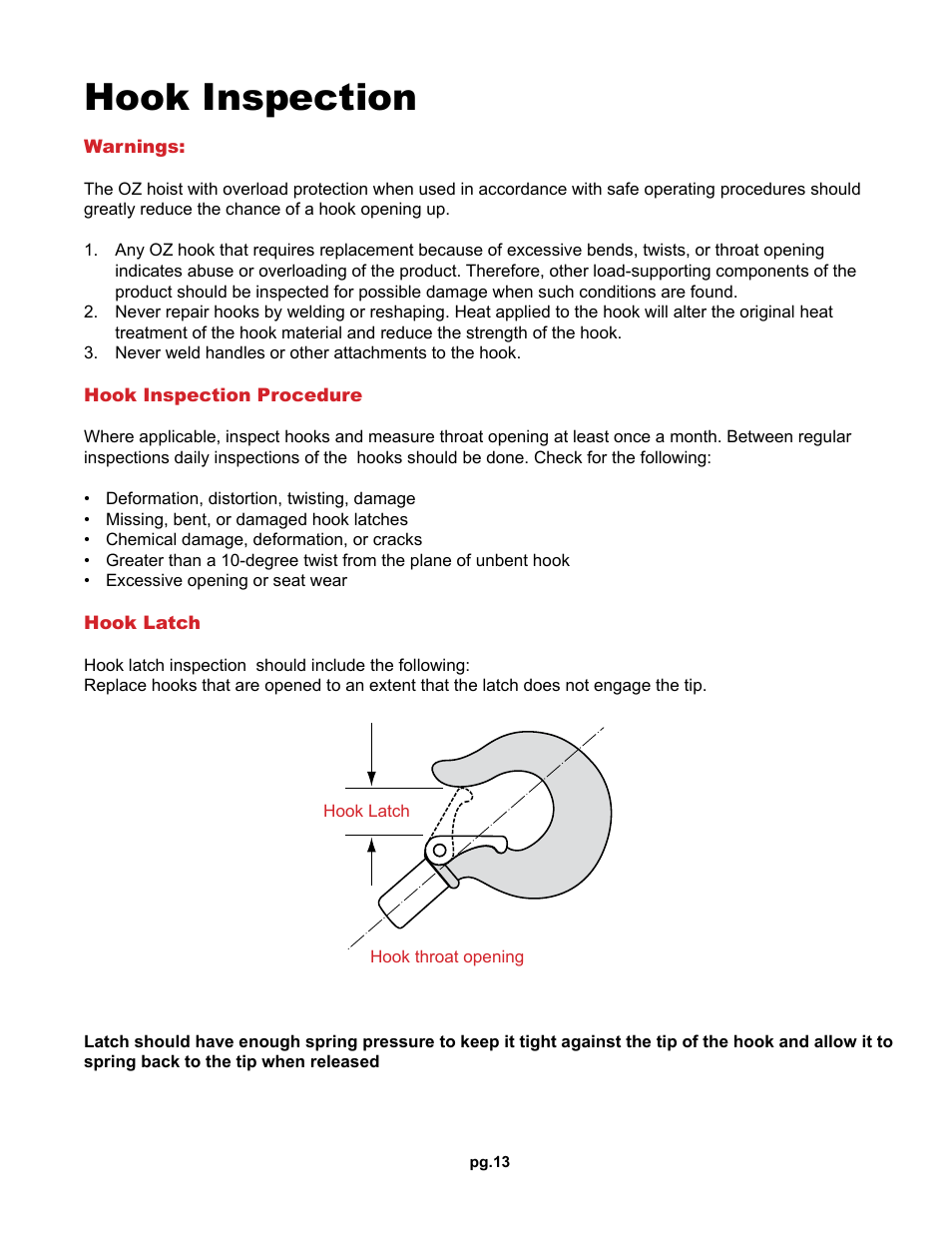 Hook inspection | OZ Lifting Products Premium Chain Hoist OM User Manual | Page 13 / 20