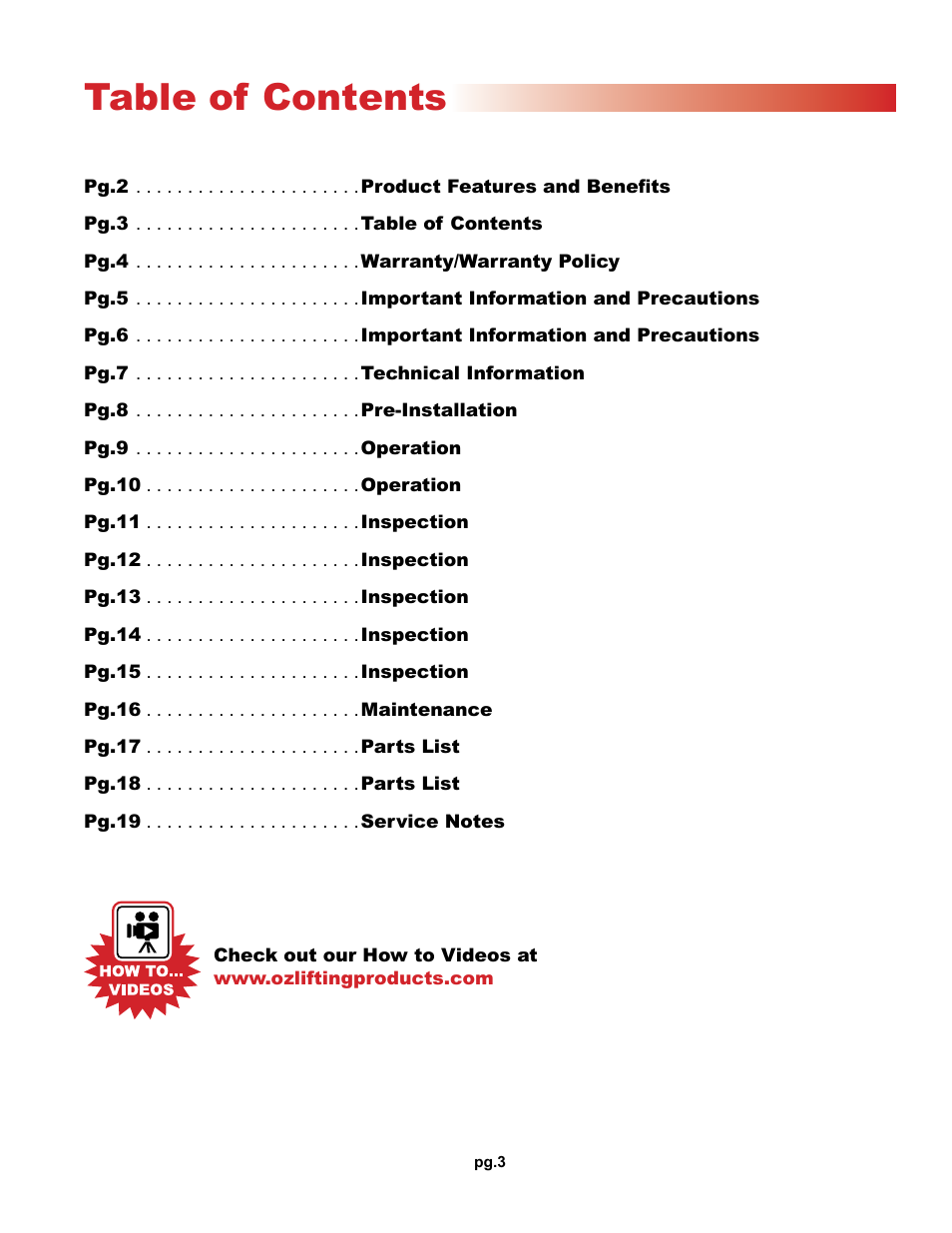 OZ Lifting Products Premium Chain Hoist OM User Manual | Page 3 / 20