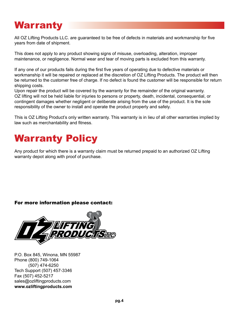Warranty, Warranty policy | OZ Lifting Products Premium Chain Hoist OM User Manual | Page 4 / 20