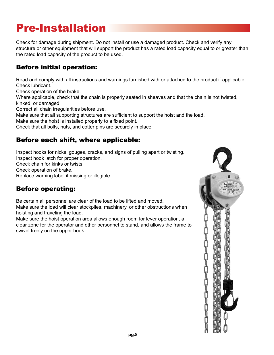 Pre-installation | OZ Lifting Products Premium Chain Hoist OM User Manual | Page 8 / 20