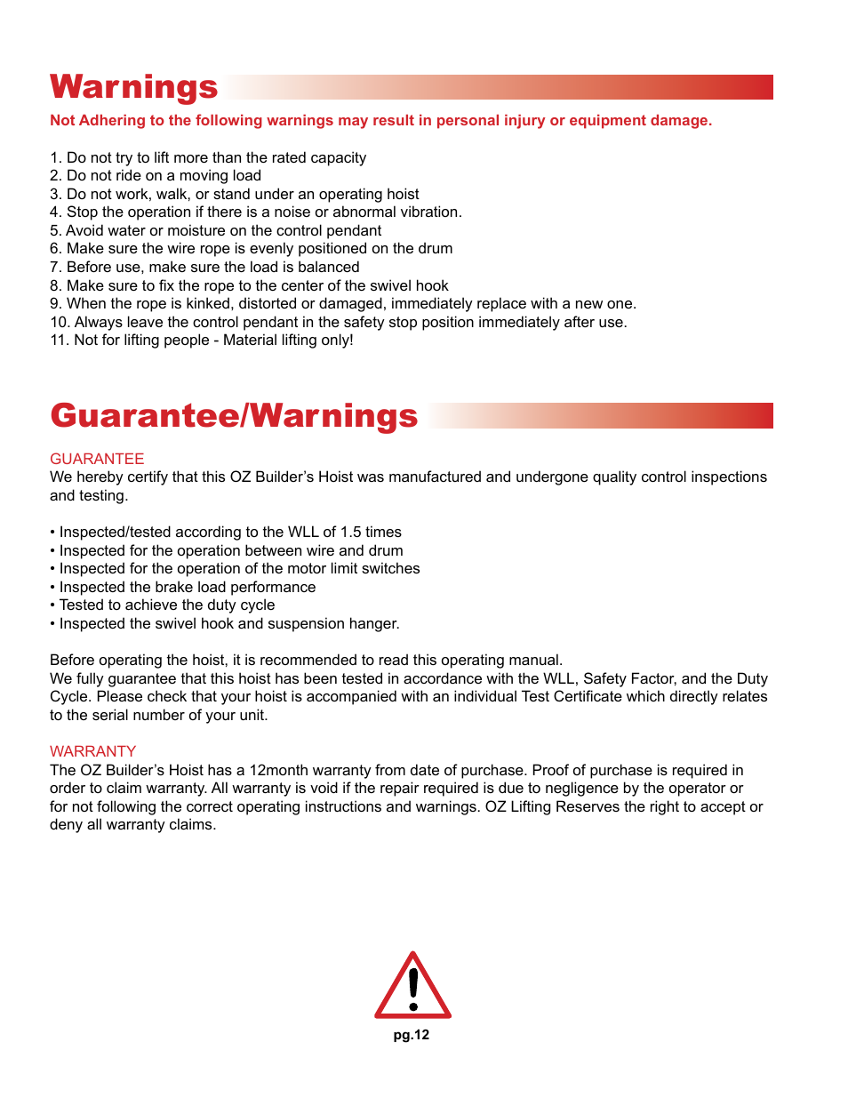 Warnings guarantee/warnings | OZ Lifting Products OZ Builder's Hoist OM User Manual | Page 12 / 16