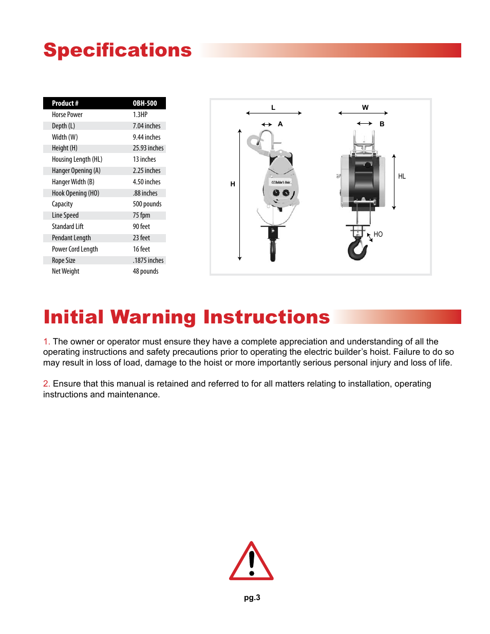 Specifications, Initial warning instructions | OZ Lifting Products OZ Builder's Hoist OM User Manual | Page 3 / 16