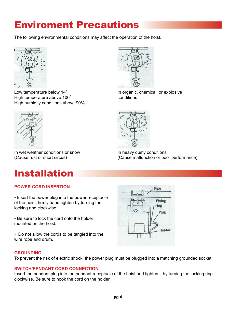 Enviroment precautions, Installation | OZ Lifting Products OZ Builder's Hoist OM User Manual | Page 4 / 16