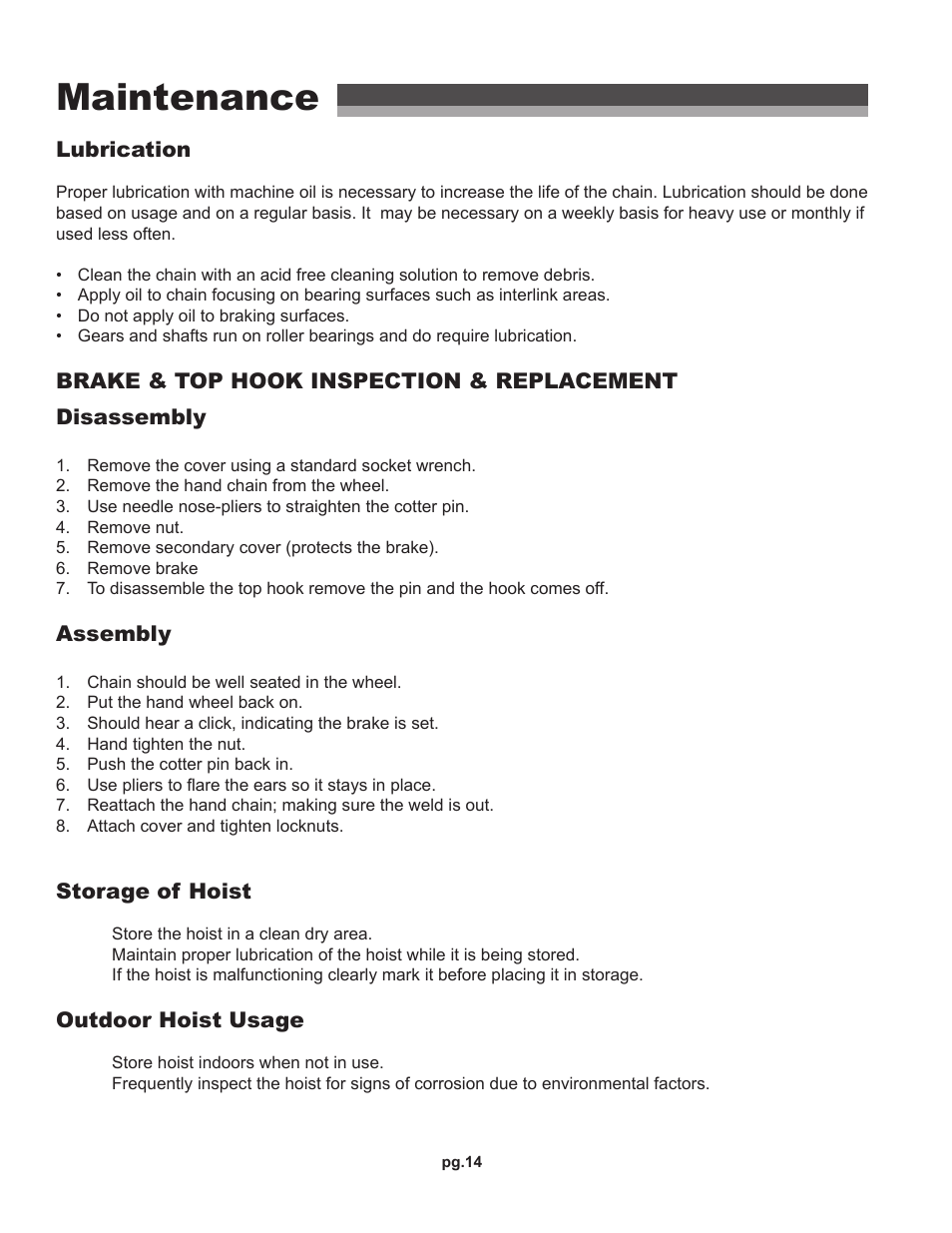 Maintenance | OZ Lifting Products HD OZ Economy Chain Hoist OM User Manual | Page 14 / 16