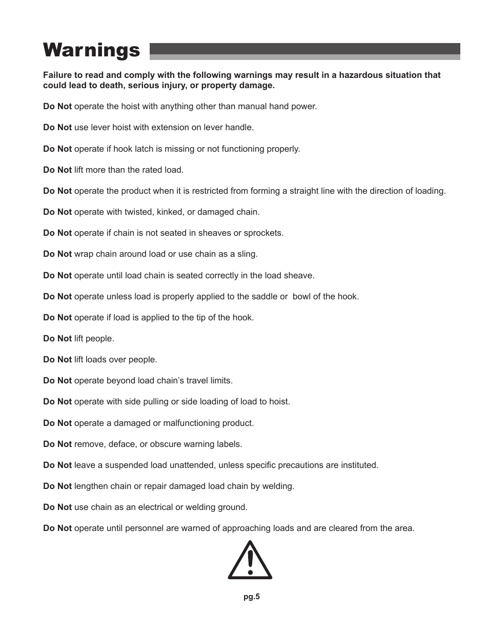 Warnings | OZ Lifting Products HD OZ Economy Chain Hoist OM User Manual | Page 5 / 16