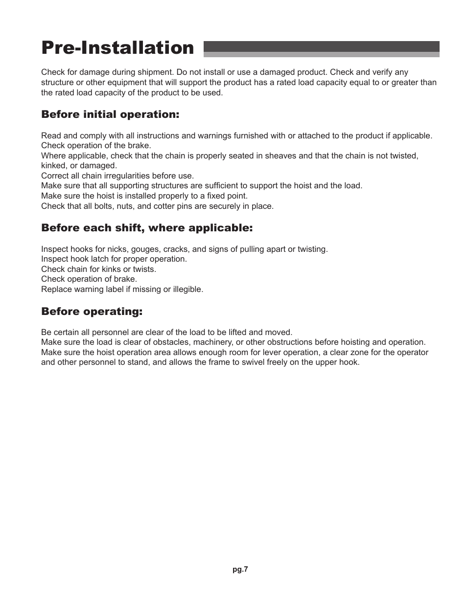 Pre-installation | OZ Lifting Products HD OZ Economy Chain Hoist OM User Manual | Page 7 / 16