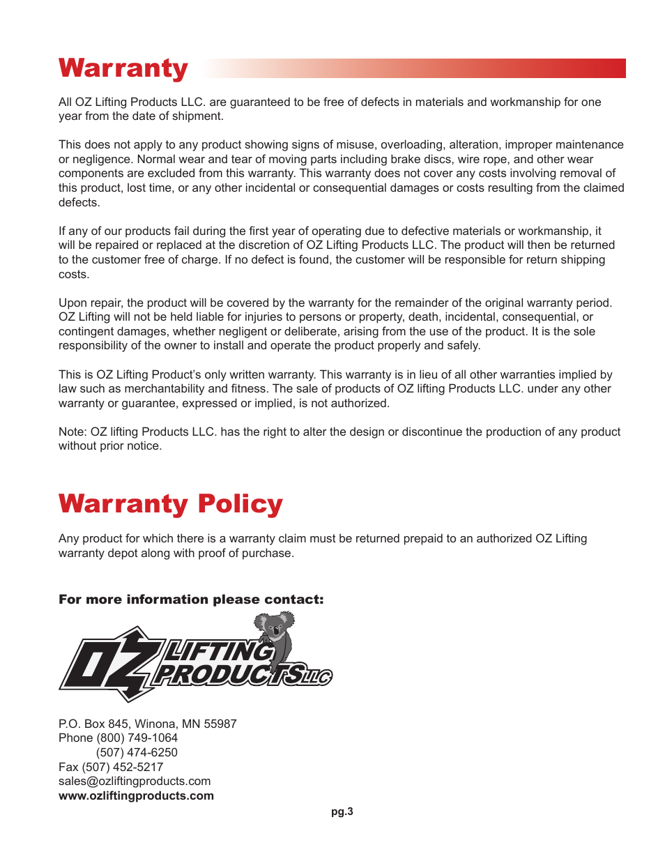 Warranty, Warranty policy | OZ Lifting Products Brake Winch OM User Manual | Page 3 / 16