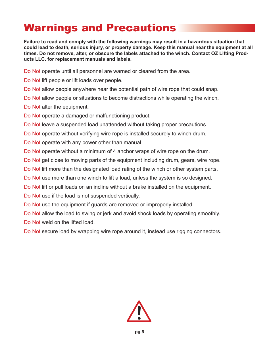 Warnings and precautions | OZ Lifting Products Brake Winch OM User Manual | Page 5 / 16